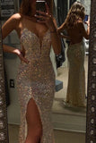 Mermaid Spaghetti Straps Evening Dresses V Neck Prom Dress With Split