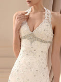 Halter A-line Sweep Brush Train Great Wedding Dresses - Laurafashionshop