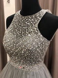 Modest A-line Sleeveless Beading Grey Tulle Long Prom Dresses, Formal Gowns
