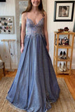 Dusty Purple  Sparkly V-neck Evening Dresses Straps Lace Top Long Prom Dresses