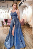 Spaghetti Straps Graduation Dress With Split Sparkly Blue A-Line Long Prom Dresses
