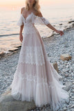 Pretty A-line Spaghetti Straps Lace Long Wedding Dresses