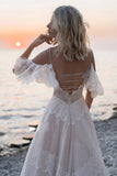 Pretty A-line Spaghetti Straps Lace Long Wedding Dresses