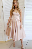 Elegant A-line Satin Sweetheart Strapless Tea Length Homecoming Dresses SX66535