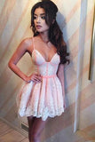 Cute Spaghetti Straps V-neck Pink Satin Homecoming Dresses with Lace Short Prom Dress SX66508