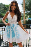 A-line Spaghetti Straps Blue Applique Short Prom Dresses, Homecoming Dresses SX66511
