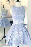A-line Scoop Sleeveless Blue Short Prom Dress Print Homecoming Dress SX66512