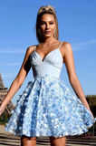 Cute A Line Light Blue Lace Spaghetti Straps Appliques Homecoming Dresses, Short Prom Dresses SX66529