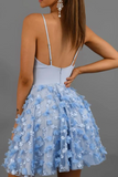 Cute A Line Light Blue Lace Spaghetti Straps Appliques Homecoming Dresses, Short Prom Dresses SX66529