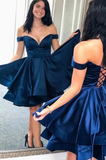 Cute A Line Off The Shoulder Navy Blue Satin Ruffles Short Homecoming dress SX66550