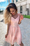 Charming A-line V-neck Spaghetti StrapsBlush Pink Lace  Homecoming Dresses SX66555