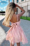 Charming A-line V-neck Spaghetti StrapsBlush Pink Lace  Homecoming Dresses SX66555