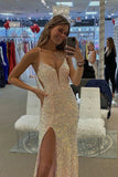 Spaghetti Straps ong Formal Evening Gown Sparkly Sequins LMermaid Prom Dress With Slit
