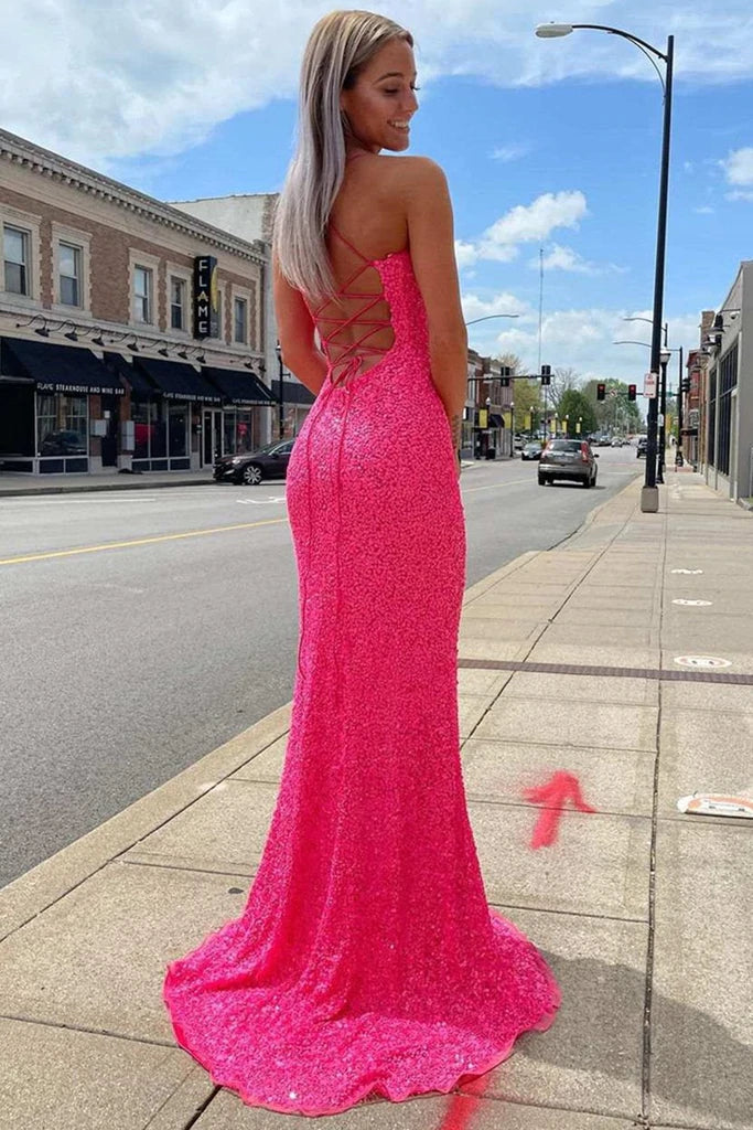 Sparkly Mermaid Hot Pink Evening Gown  Sequined Sleeveless Long Prom Dress with Slit