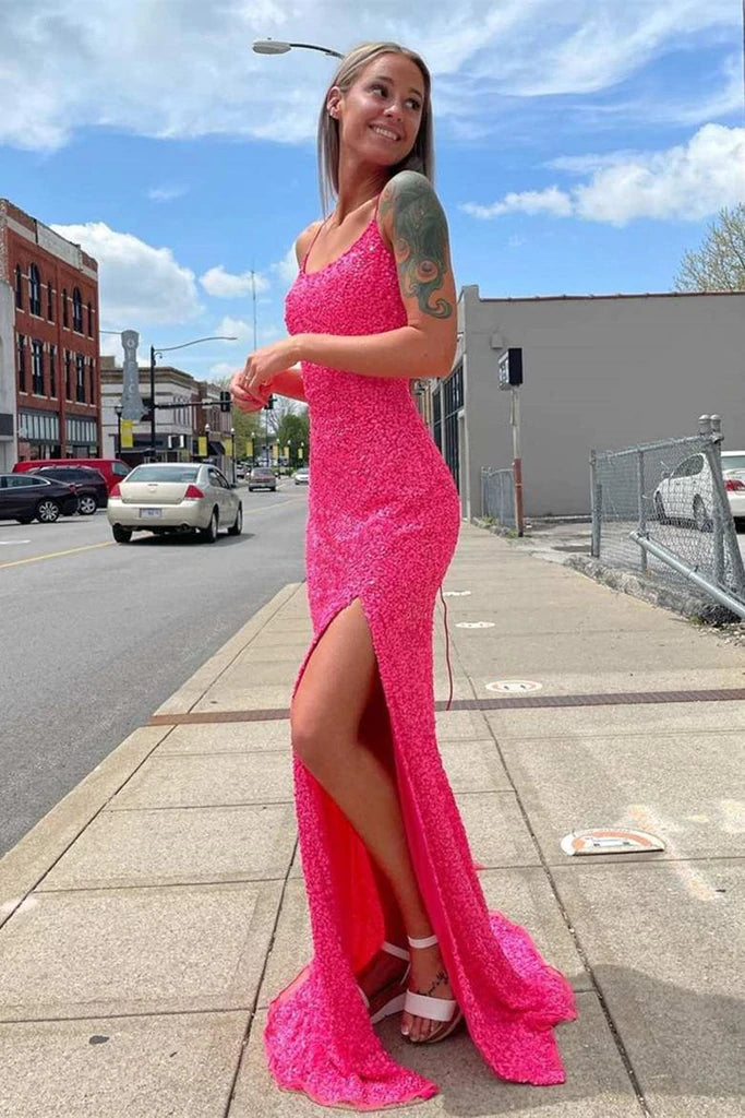 Sparkly Mermaid Hot Pink Evening Gown  Sequined Sleeveless Long Prom Dress with Slit
