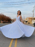 A-Line V-Neck Formal Evening Dresses Shiny White Sequins Long Prom Dresses