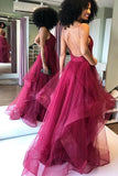 Backless Maroon Formal Evening Dress Burgundy Shiny V-Neck Prom Dresses