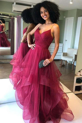 Backless Maroon Formal Evening Dress Burgundy Shiny V-Neck Prom Dresses
