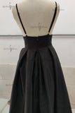 Black Satin Formal Evening Dress With Pockets A Line V Neck Long Prom Dresses