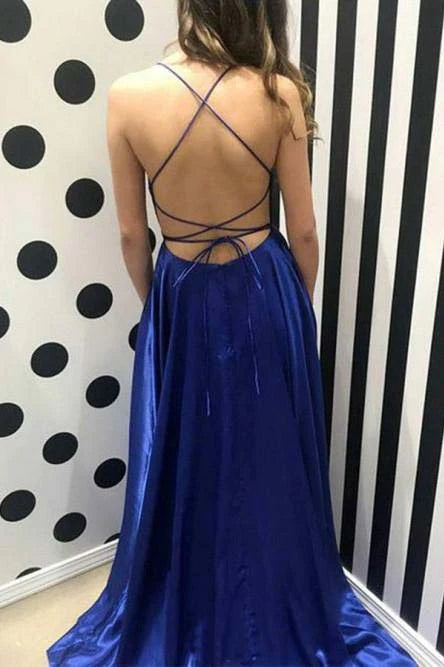 Royal Blue Prom Dresses Spaghetti Straps Slit Long Evening Formal Dress