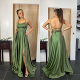 Party Dress Green Spaghetti-Straps Prom Dress Long With Pocket