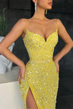 Spaghetti-Straps Yellow Party Dress Fashion Sequins Prom Dress Mermaid Slit