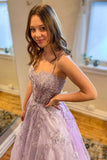 Tulle Lace Formal Evening Dresses Light Purple Sweetheart Appliques Long Prom Dresses