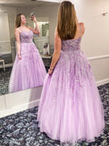 Tulle Lace Formal Evening Dresses Light Purple Sweetheart Appliques Long Prom Dresses
