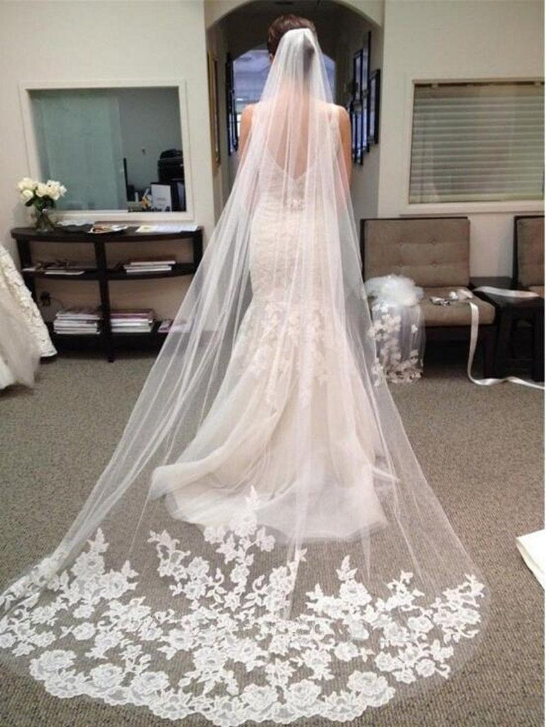 Long Lace Appliques Edge Ivory Wedding Veils Bridal Accessories Veil VE1504