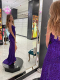 V-Neck High Slit Formal Graduation Evening Dresses Sequins Grape Long Prom Dresses