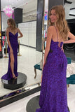 V-Neck High Slit Formal Graduation Evening Dresses Sequins Grape Long Prom Dresses