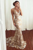 V-Neck Backless Lace Spaghetti Straps Appliques Mermaid Prom Dresses