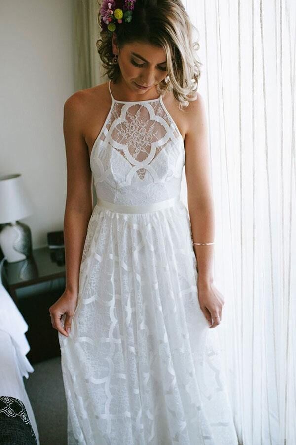 Modest Halter Lace Floor Length Wedding Dresses, Beach Wedding Dresses