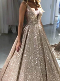 Shiny A-line Deep V-neck Sequins Prom Dresses, Evening Gowns