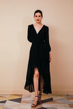 Simple Deep V-Neck  Black Long Sleeve Chiffon High Low Prom Dresses