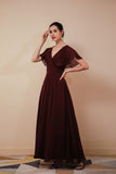 Pretty A-line V-Neck Rust Chiffon Long Prom Dresses