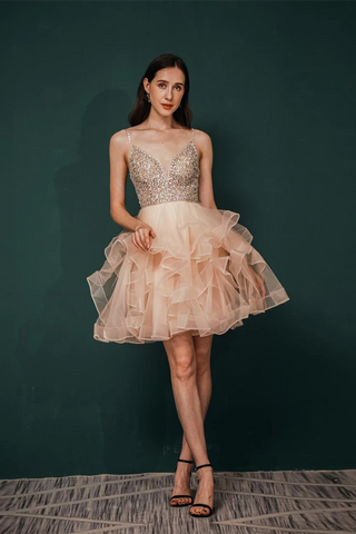 A-line Beading Pink Tulle Short Homecoming Dress, Short Prom Dress WH341036