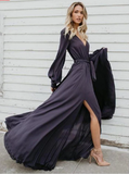 Elegant A-line V-neck Slit Long Sleeves Prom Dresses