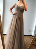 Simple A-line Off-the-shoulder Beading Long Tulle Prom Dresses