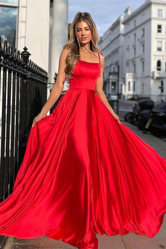 A-line Red Spaghetti Straps Long Prom Dress