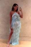 Ruffles Chiffon Fashion Halter Long Party Dress Tulle Prom Dress with Slit