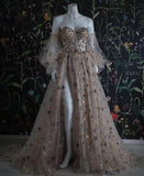 Stylish Long Sweetheart Formal Dresses With SleevesCoral Front Spalit Star Prom Dresses