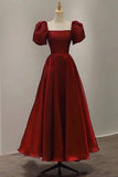 Vintage Women Dress Burgundy A-line Ankle Length Satin Long Prom Dresses