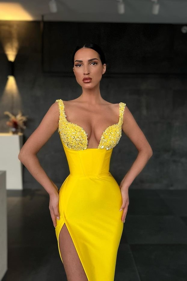 Party Dress Mermaid Sexy Chiffon Yellow Sequins Straps Prom Dress With Slit