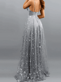 A-Line V-Neck  Glittering Gray Sleeveless Split Engagement Prom Dresses