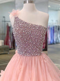 Ball Gown One-shoulder Pearls Long Prom Dresses, Sweet 16 Dresses