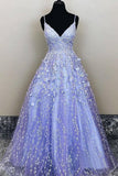 A-line Formal Gowns Lavender Spaghetti Straps Lace Floral Long Prom Dresses
