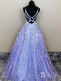 A-line Formal Gowns Lavender Spaghetti Straps Lace Floral Long Prom Dresses