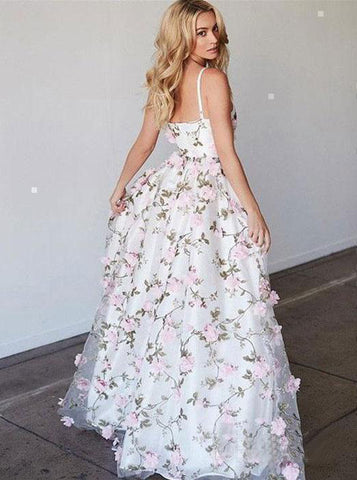 Pretty A-line Spaghetti Straps Floral Prom Dresses With 3D Flowers