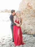 Sexy A-line Sleeveless Deep V-neck Red Long Prom Dresses